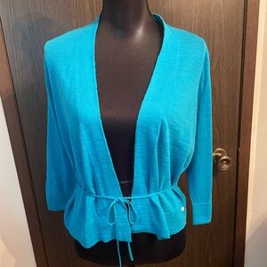 Tie-Waist Open-Front Cardigan in Bright Teal